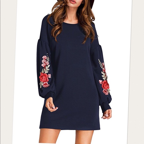 boutique Dresses & Skirts - MARIA - Navy embroidered flower Shift Dress